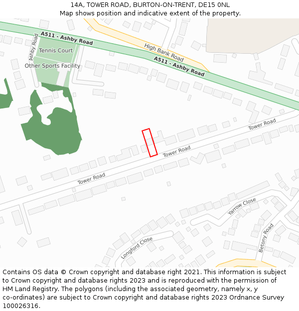 14A, TOWER ROAD, BURTON-ON-TRENT, DE15 0NL: Location map and indicative extent of plot