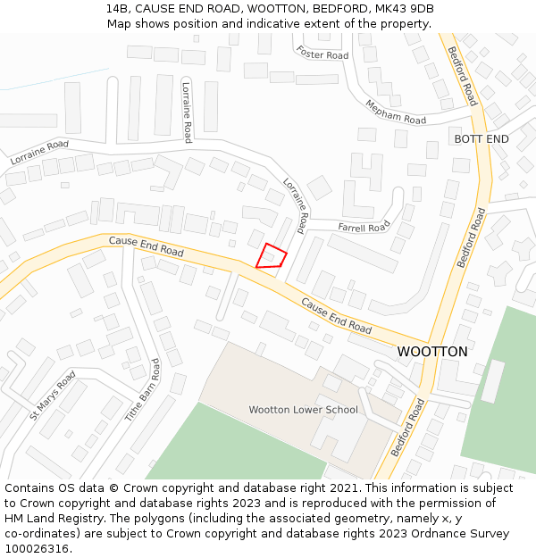 14B, CAUSE END ROAD, WOOTTON, BEDFORD, MK43 9DB: Location map and indicative extent of plot