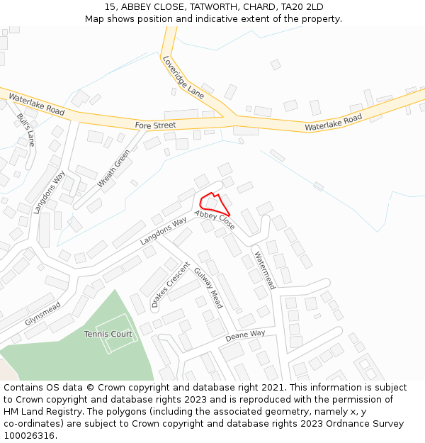 15, ABBEY CLOSE, TATWORTH, CHARD, TA20 2LD: Location map and indicative extent of plot