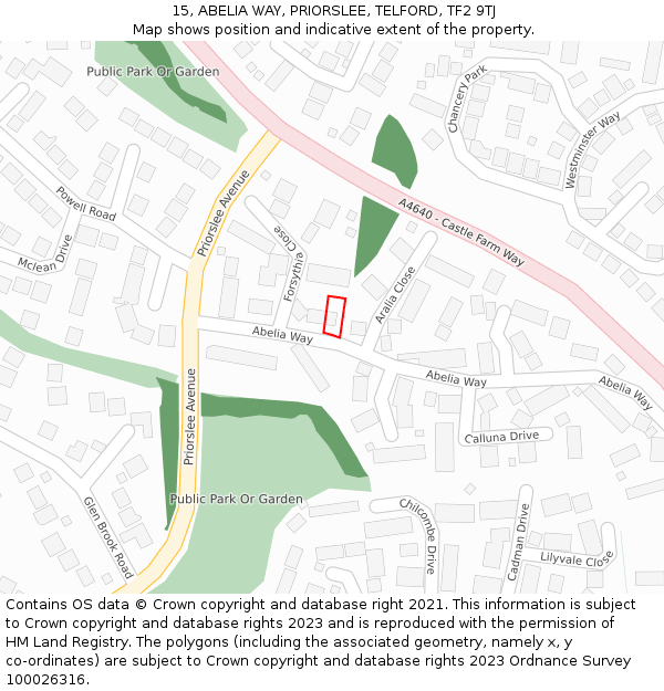 15, ABELIA WAY, PRIORSLEE, TELFORD, TF2 9TJ: Location map and indicative extent of plot