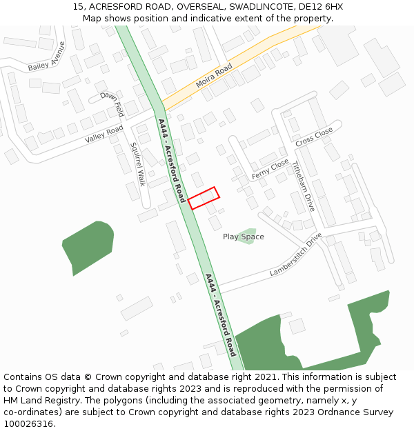 15, ACRESFORD ROAD, OVERSEAL, SWADLINCOTE, DE12 6HX: Location map and indicative extent of plot