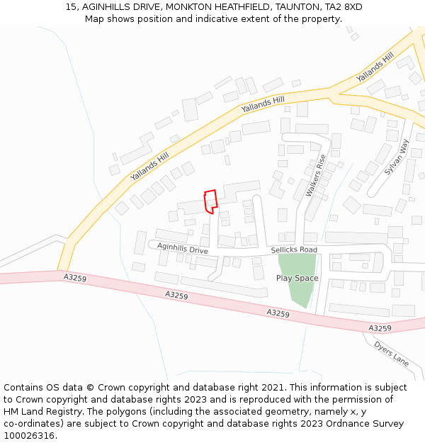 15, AGINHILLS DRIVE, MONKTON HEATHFIELD, TAUNTON, TA2 8XD: Location map and indicative extent of plot
