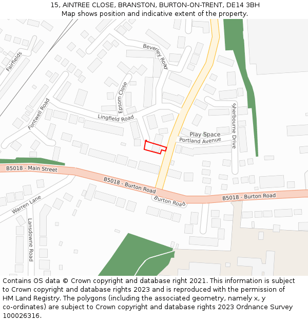 15, AINTREE CLOSE, BRANSTON, BURTON-ON-TRENT, DE14 3BH: Location map and indicative extent of plot