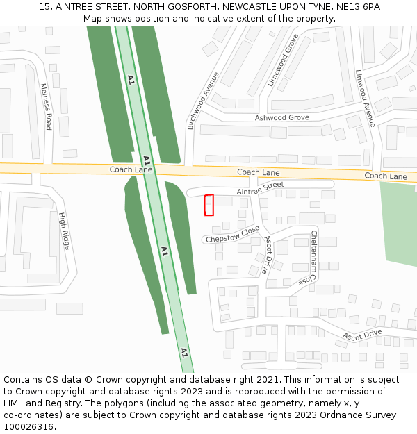 15, AINTREE STREET, NORTH GOSFORTH, NEWCASTLE UPON TYNE, NE13 6PA: Location map and indicative extent of plot