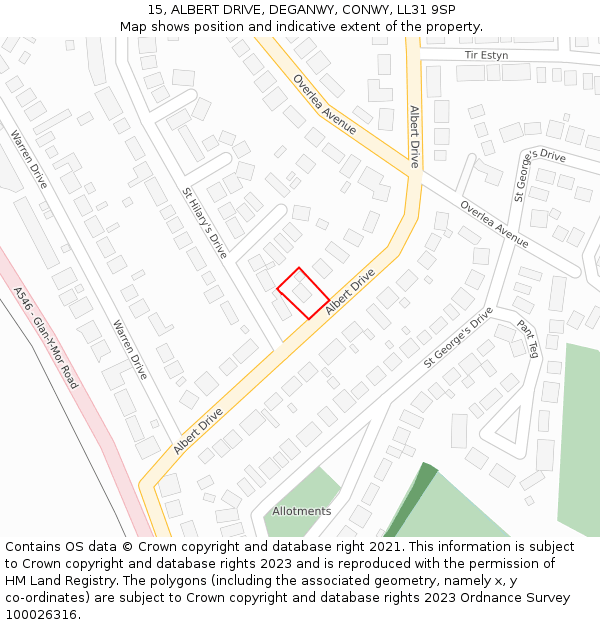 15, ALBERT DRIVE, DEGANWY, CONWY, LL31 9SP: Location map and indicative extent of plot