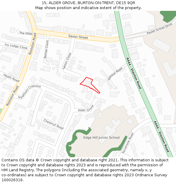15, ALDER GROVE, BURTON-ON-TRENT, DE15 9QR: Location map and indicative extent of plot