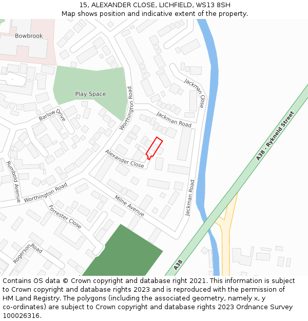 15, ALEXANDER CLOSE, LICHFIELD, WS13 8SH: Location map and indicative extent of plot