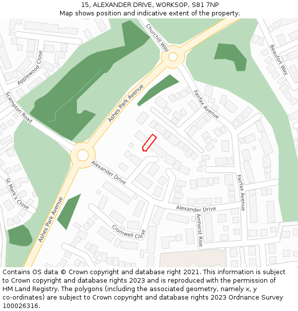 15, ALEXANDER DRIVE, WORKSOP, S81 7NP: Location map and indicative extent of plot