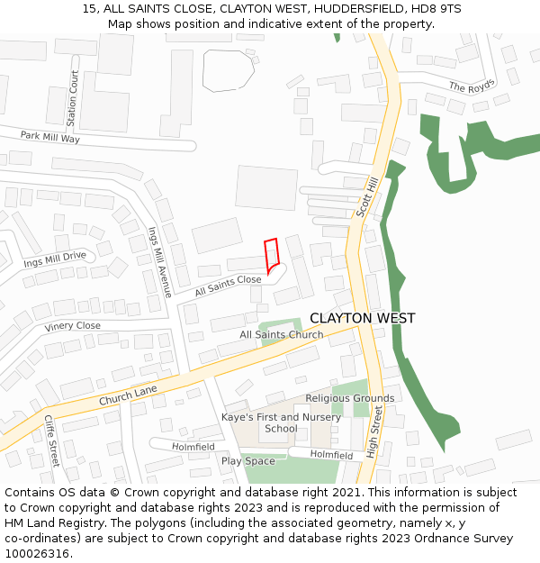 15, ALL SAINTS CLOSE, CLAYTON WEST, HUDDERSFIELD, HD8 9TS: Location map and indicative extent of plot