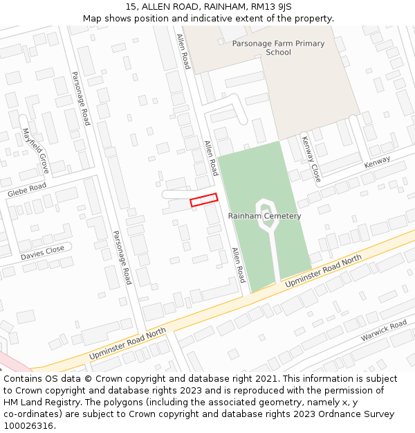 15, ALLEN ROAD, RAINHAM, RM13 9JS: Location map and indicative extent of plot