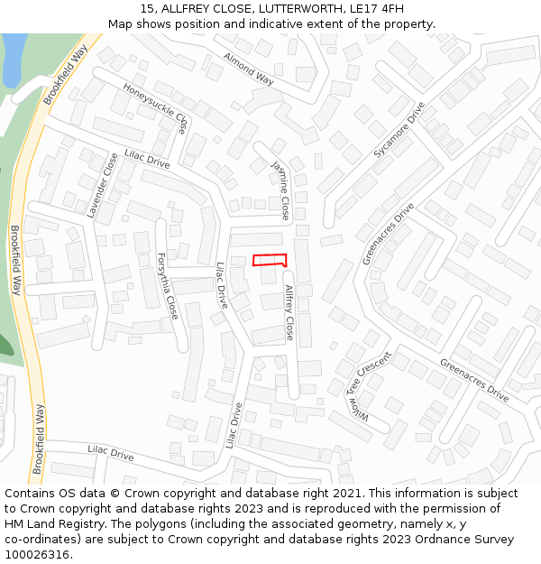 15, ALLFREY CLOSE, LUTTERWORTH, LE17 4FH: Location map and indicative extent of plot