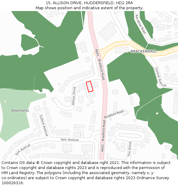 15, ALLISON DRIVE, HUDDERSFIELD, HD2 2RA: Location map and indicative extent of plot