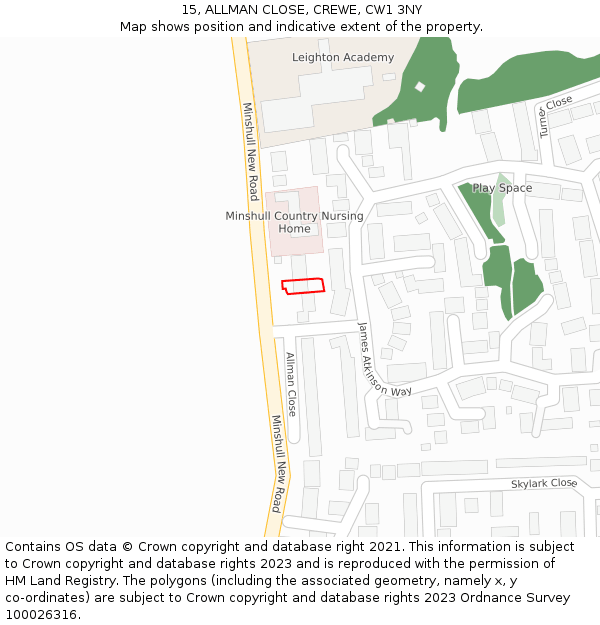 15, ALLMAN CLOSE, CREWE, CW1 3NY: Location map and indicative extent of plot