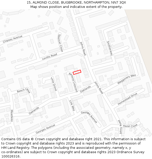 15, ALMOND CLOSE, BUGBROOKE, NORTHAMPTON, NN7 3QX: Location map and indicative extent of plot