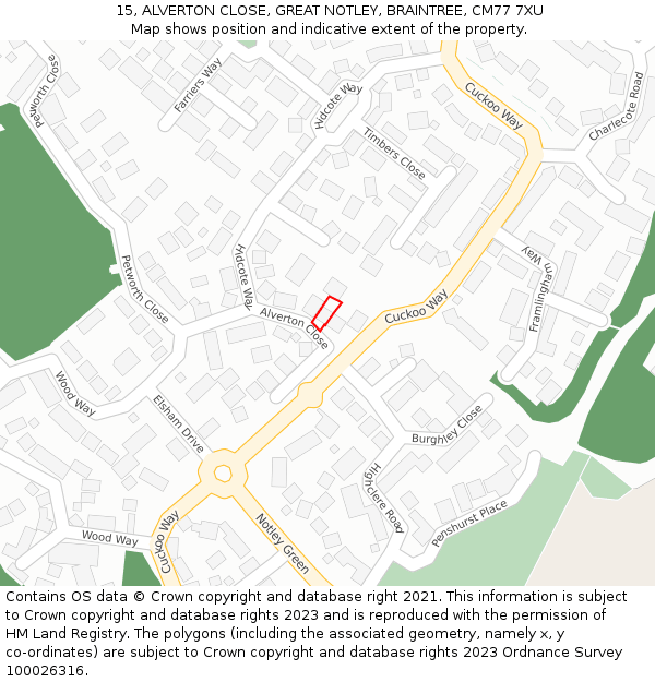 15, ALVERTON CLOSE, GREAT NOTLEY, BRAINTREE, CM77 7XU: Location map and indicative extent of plot