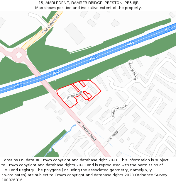 15, AMBLEDENE, BAMBER BRIDGE, PRESTON, PR5 8JR: Location map and indicative extent of plot