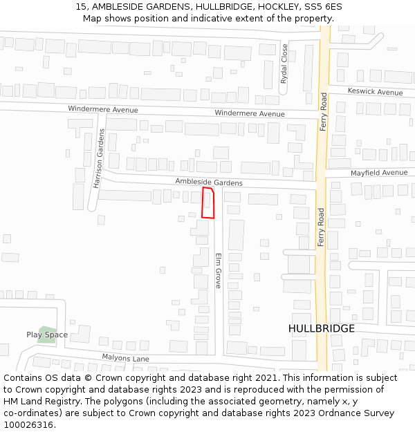 15, AMBLESIDE GARDENS, HULLBRIDGE, HOCKLEY, SS5 6ES: Location map and indicative extent of plot