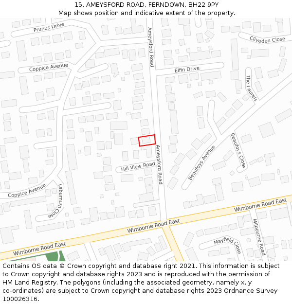 15, AMEYSFORD ROAD, FERNDOWN, BH22 9PY: Location map and indicative extent of plot