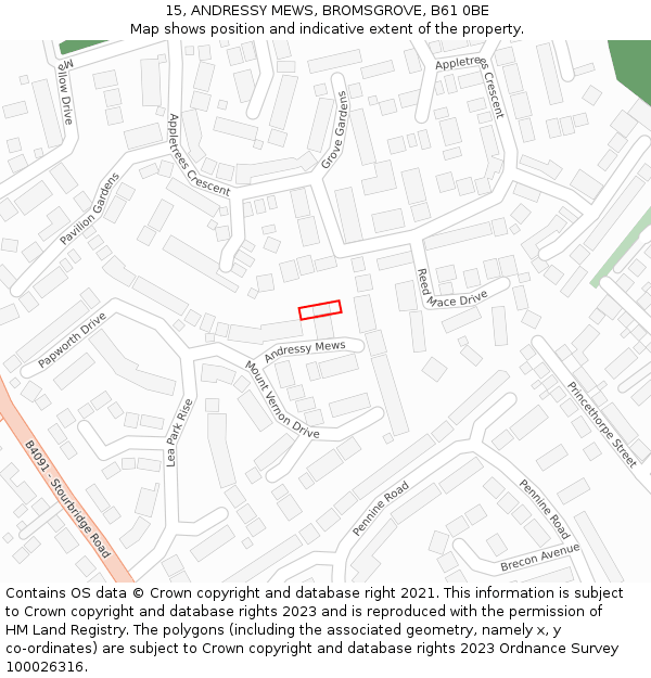 15, ANDRESSY MEWS, BROMSGROVE, B61 0BE: Location map and indicative extent of plot