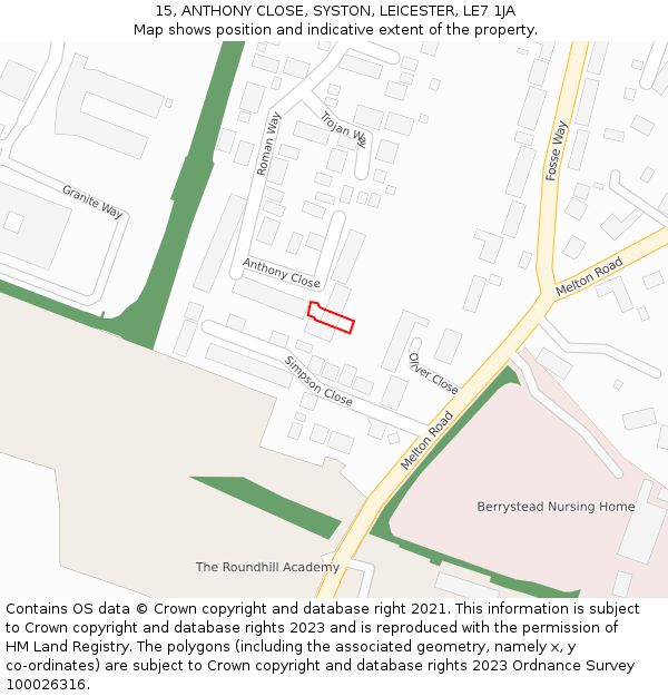 15, ANTHONY CLOSE, SYSTON, LEICESTER, LE7 1JA: Location map and indicative extent of plot