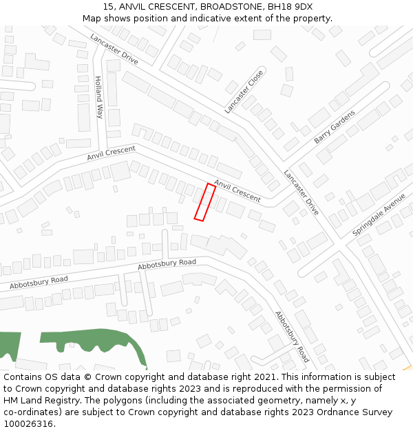 15, ANVIL CRESCENT, BROADSTONE, BH18 9DX: Location map and indicative extent of plot