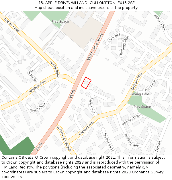 15, APPLE DRIVE, WILLAND, CULLOMPTON, EX15 2SF: Location map and indicative extent of plot