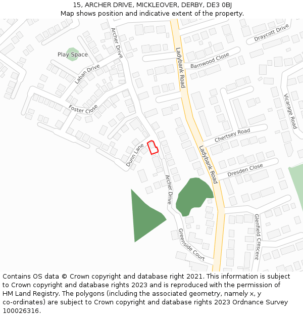 15, ARCHER DRIVE, MICKLEOVER, DERBY, DE3 0BJ: Location map and indicative extent of plot