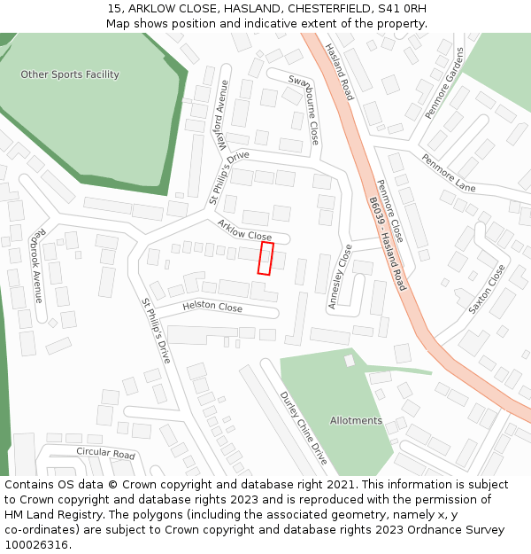 15, ARKLOW CLOSE, HASLAND, CHESTERFIELD, S41 0RH: Location map and indicative extent of plot