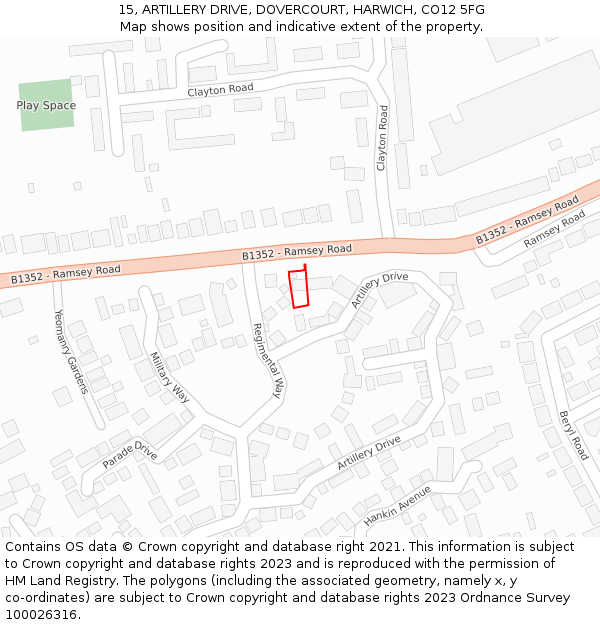 15, ARTILLERY DRIVE, DOVERCOURT, HARWICH, CO12 5FG: Location map and indicative extent of plot