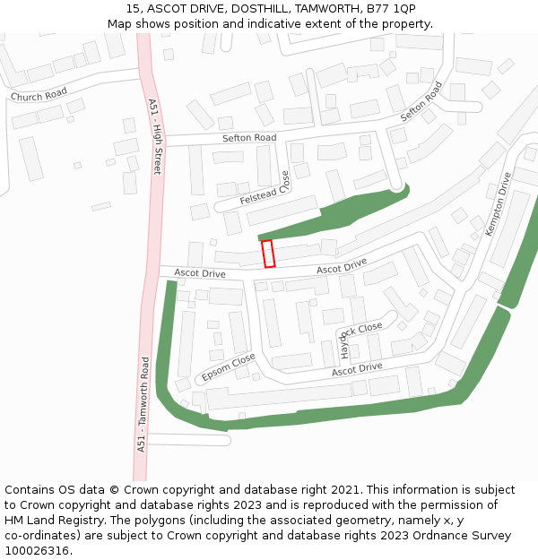 15, ASCOT DRIVE, DOSTHILL, TAMWORTH, B77 1QP: Location map and indicative extent of plot