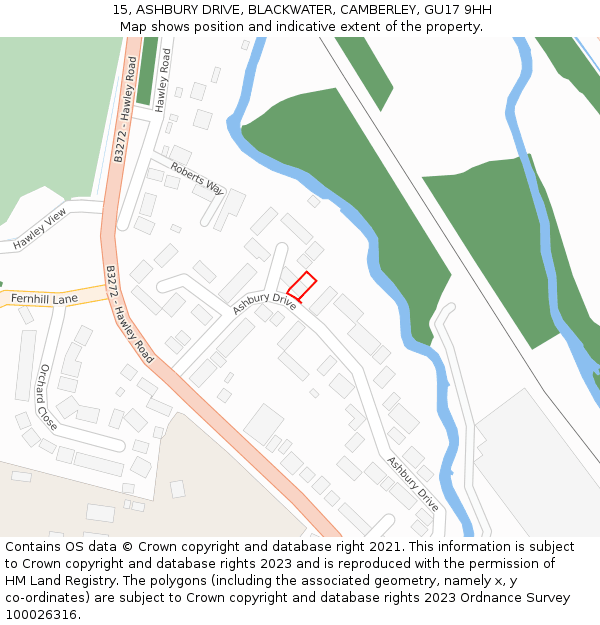 15, ASHBURY DRIVE, BLACKWATER, CAMBERLEY, GU17 9HH: Location map and indicative extent of plot
