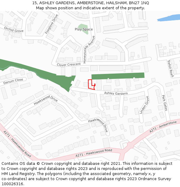 15, ASHLEY GARDENS, AMBERSTONE, HAILSHAM, BN27 1NQ: Location map and indicative extent of plot