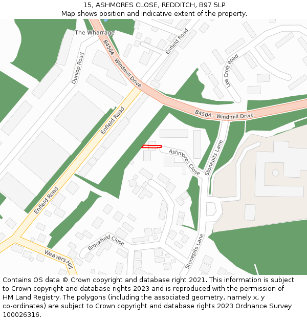 15, ASHMORES CLOSE, REDDITCH, B97 5LP: Location map and indicative extent of plot