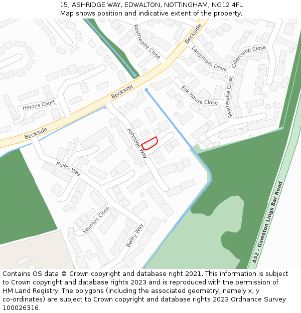 15, ASHRIDGE WAY, EDWALTON, NOTTINGHAM, NG12 4FL: Location map and indicative extent of plot