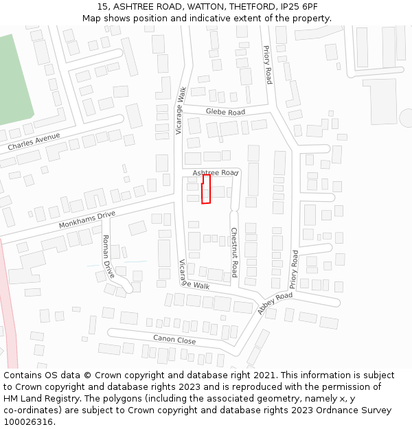 15, ASHTREE ROAD, WATTON, THETFORD, IP25 6PF: Location map and indicative extent of plot