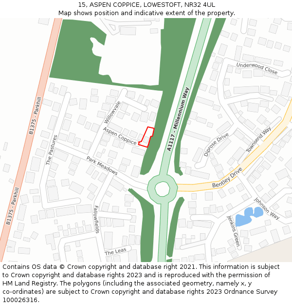 15, ASPEN COPPICE, LOWESTOFT, NR32 4UL: Location map and indicative extent of plot