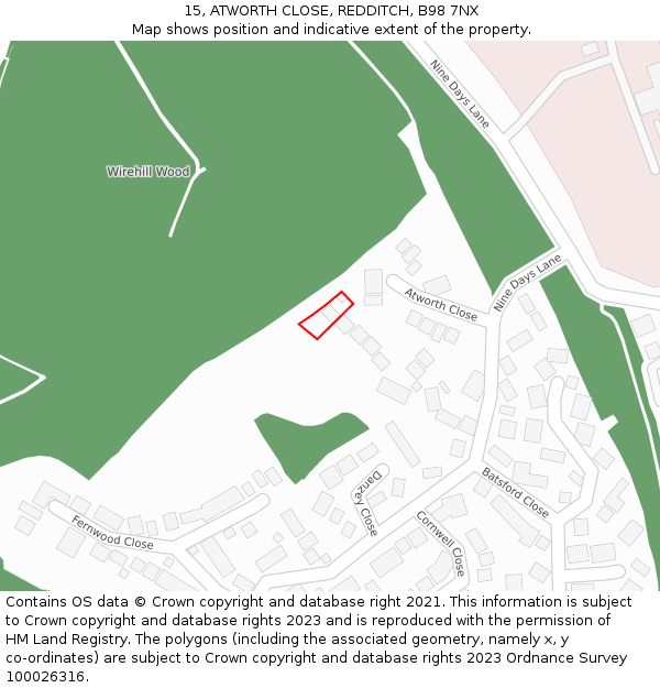 15, ATWORTH CLOSE, REDDITCH, B98 7NX: Location map and indicative extent of plot