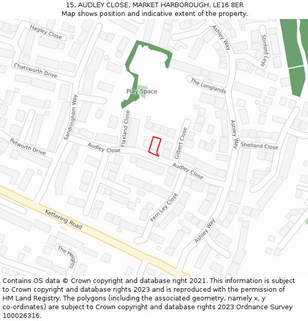 15, AUDLEY CLOSE, MARKET HARBOROUGH, LE16 8ER: Location map and indicative extent of plot