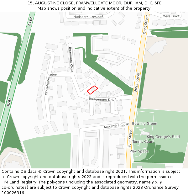 15, AUGUSTINE CLOSE, FRAMWELLGATE MOOR, DURHAM, DH1 5FE: Location map and indicative extent of plot