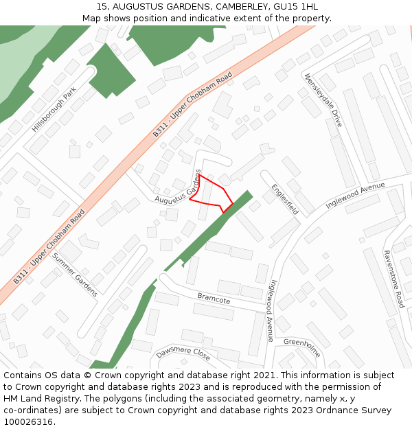 15, AUGUSTUS GARDENS, CAMBERLEY, GU15 1HL: Location map and indicative extent of plot