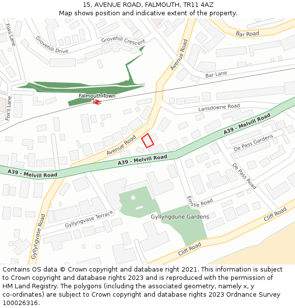 15, AVENUE ROAD, FALMOUTH, TR11 4AZ: Location map and indicative extent of plot