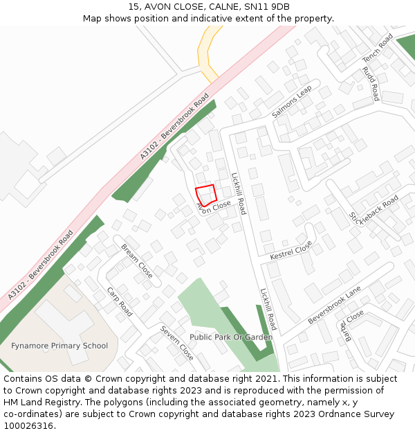 15, AVON CLOSE, CALNE, SN11 9DB: Location map and indicative extent of plot