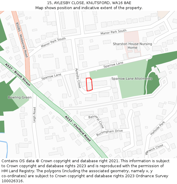 15, AYLESBY CLOSE, KNUTSFORD, WA16 8AE: Location map and indicative extent of plot