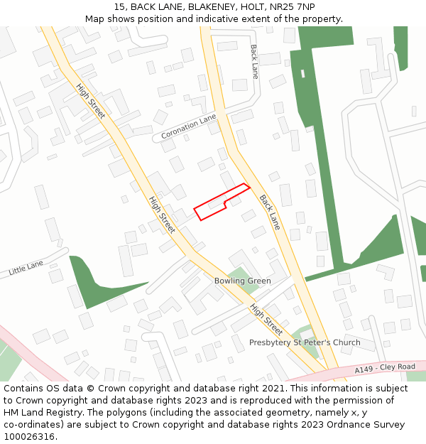 15, BACK LANE, BLAKENEY, HOLT, NR25 7NP: Location map and indicative extent of plot