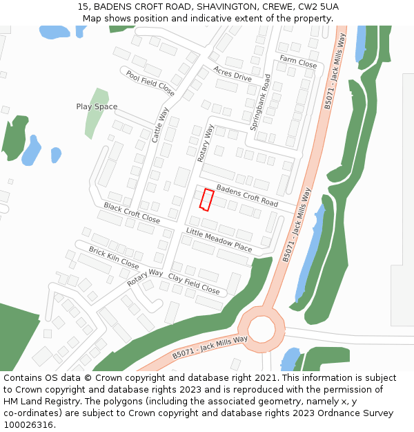 15, BADENS CROFT ROAD, SHAVINGTON, CREWE, CW2 5UA: Location map and indicative extent of plot