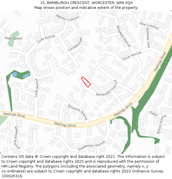 15, BAMBURGH CRESCENT, WORCESTER, WR4 0QX: Location map and indicative extent of plot