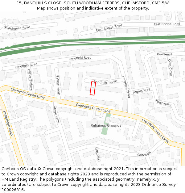 15, BANDHILLS CLOSE, SOUTH WOODHAM FERRERS, CHELMSFORD, CM3 5JW: Location map and indicative extent of plot