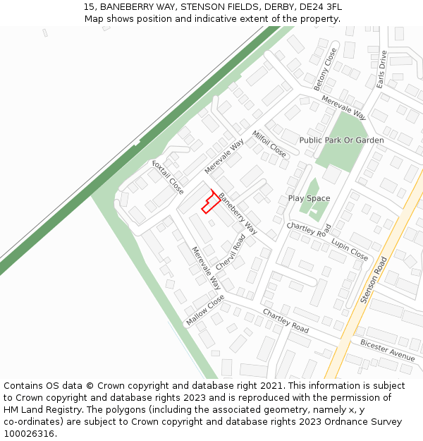 15, BANEBERRY WAY, STENSON FIELDS, DERBY, DE24 3FL: Location map and indicative extent of plot