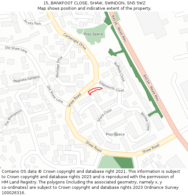 15, BANKFOOT CLOSE, SHAW, SWINDON, SN5 5WZ: Location map and indicative extent of plot