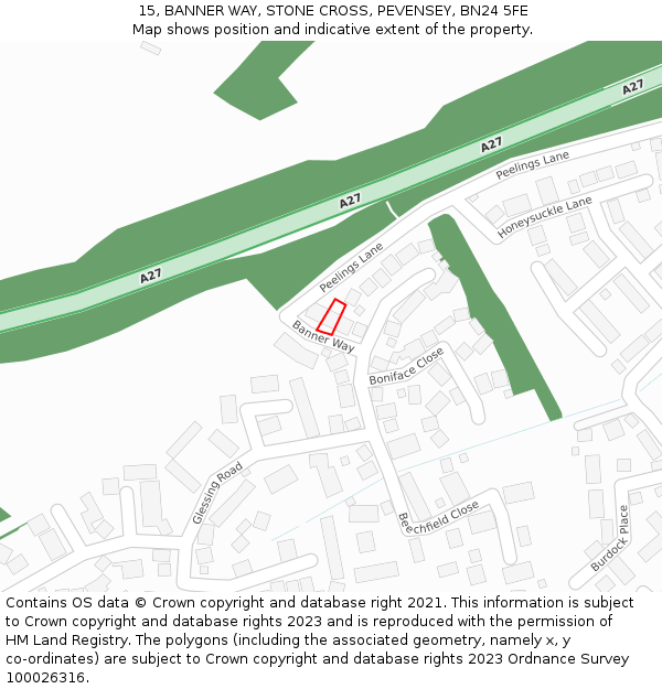 15, BANNER WAY, STONE CROSS, PEVENSEY, BN24 5FE: Location map and indicative extent of plot